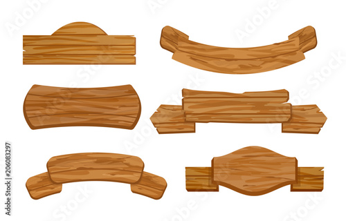 Vector illustration set of blank or empty, wooden planks or sign boards for store. Old retro style banners with signs for messages in flat style.