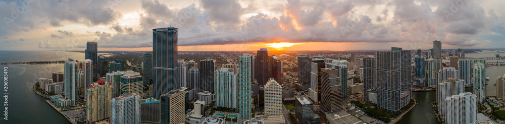 Aerial panorama Miami Brickell cityscape Sunset