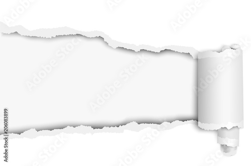 Torn long hole in sheet of white paper with wrapped paper tear. Vector template paper design.