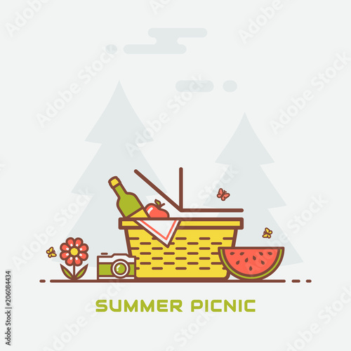 Summer picnic in nature. Vector banner.