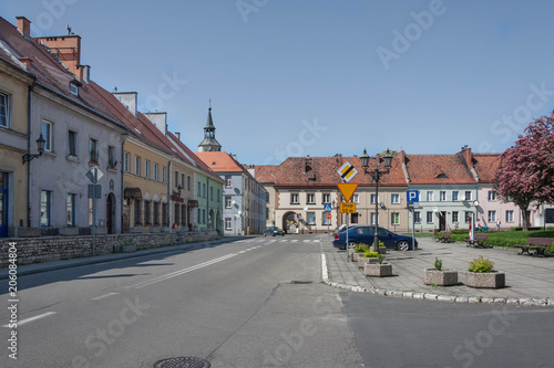 Pyskowice, Poland - May 05, 2018: Historic tenement houses surrounding the square in the city of Pyskowice, built in 1822 after the great fire of the city.