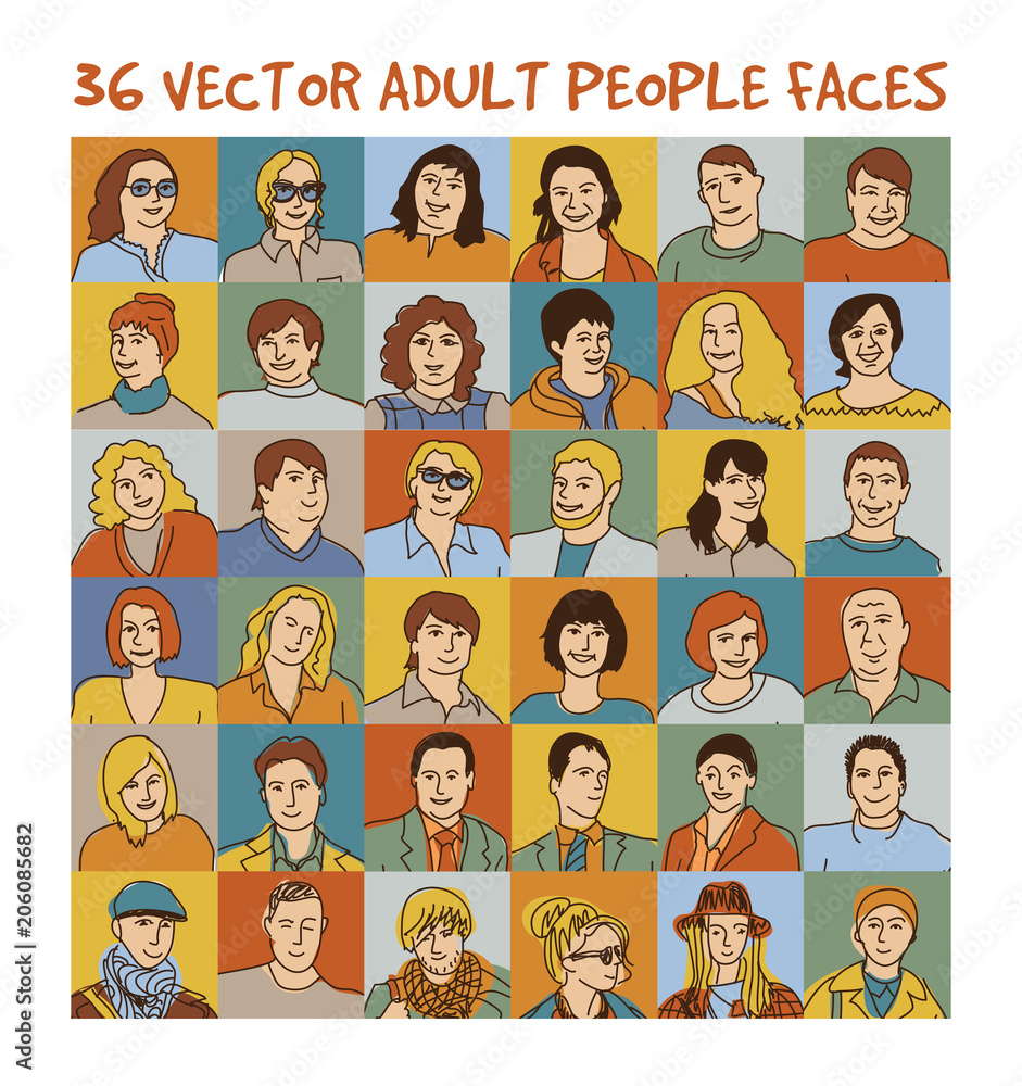 Adult people color faces characters set