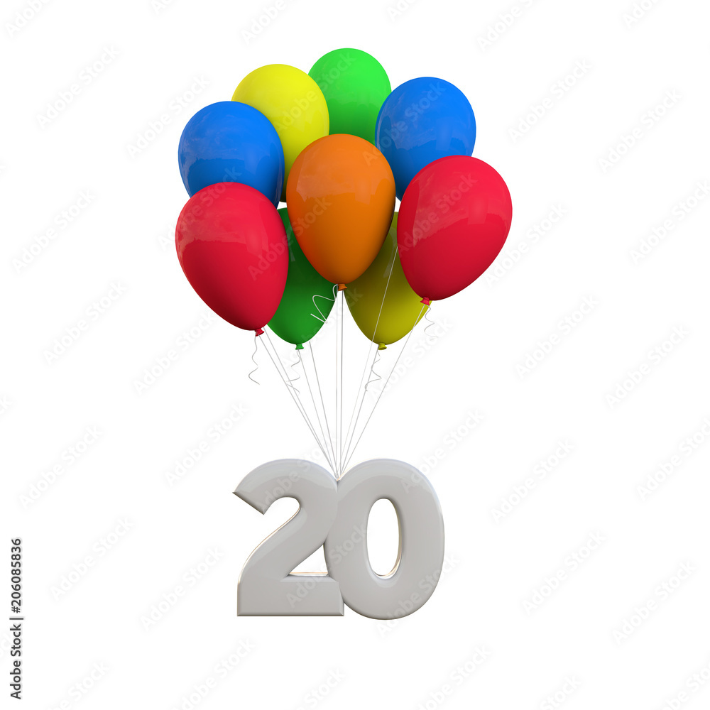 Number 20 party celebration. Number attached to a bunch of balloons. 3D Rendering Number 20 party celebration. Number attached to a bunch of balloons. 3D Rendering