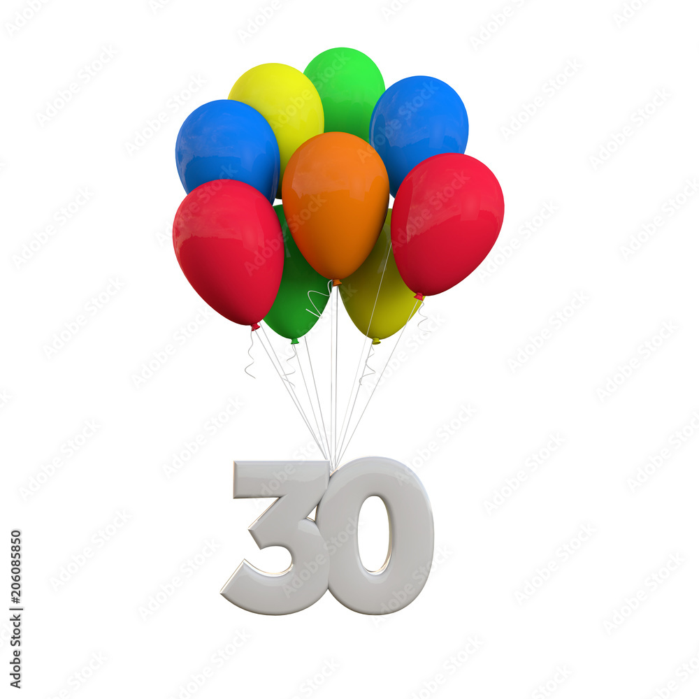 Number 30 party celebration. Number attached to a bunch of balloons. 3D Rendering Number 30 party celebration. Number attached to a bunch of balloons. 3D Rendering