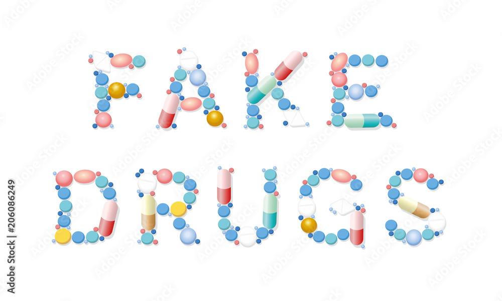 FAKE DRUGS written with pills, tablets and capsules. Isolated vector illustration on white background.