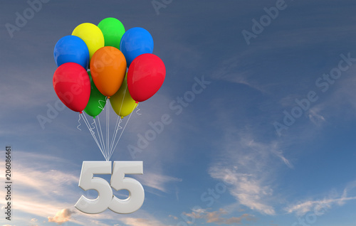 Number 55 party celebration. Number attached to a bunch of balloons. 3D Rendering