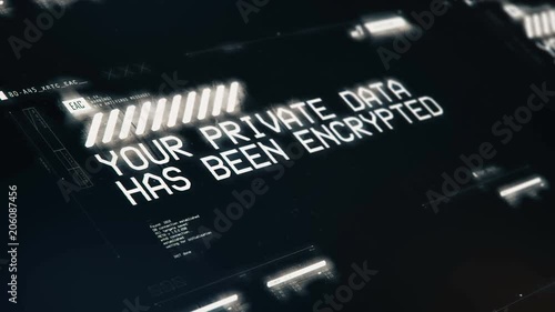 Hacking detected, your private data has been encrypted message on screen. Screen text with warning message