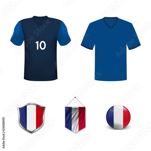 Set of T-shirts and flags of the national team of France. Vector illustration.