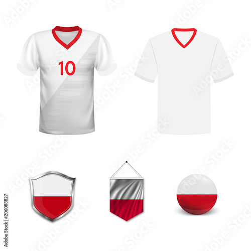 Set of T-shirts and flags of the national team of Poland. Vector illustration.