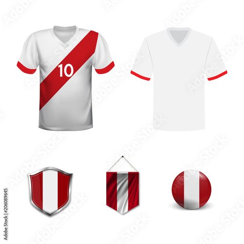 Set of T-shirts and flags of the national team of Peru. Vector illustration.