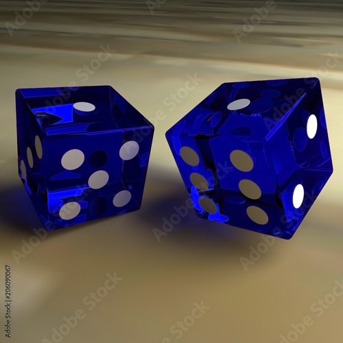 Fotografie 3d rendering of a 3d illustration featuring blue transparent dice in a snake eye