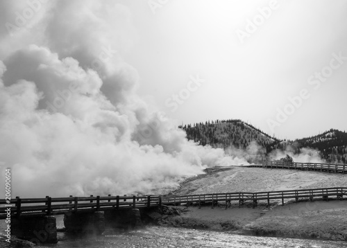 Walkway to Prismatic geyser in black and white