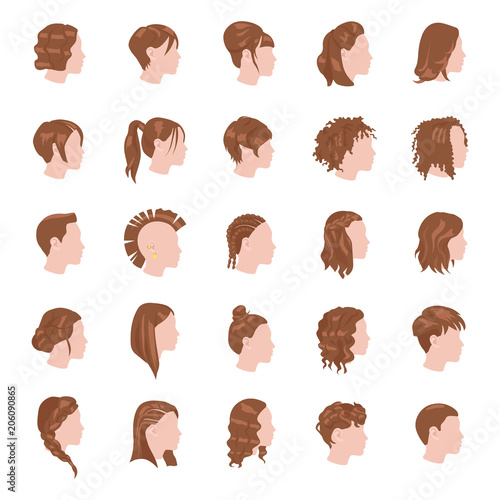 Female hairstyles color vector icons