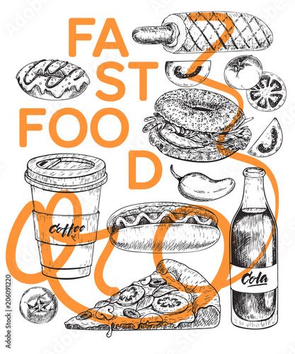 Hand drawn fast food banner. Engraved vector illustration. Hot dog, pizza, soda, french fries, bagel, coffee. Modern trendy typography. Restaurant, menu, street food flyer, poster.