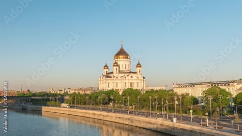 Moscow city skyline motion timelapse or hyperlapse at Cathedral of Christ the Saviour and bridge over Moscow River, Moscow Russia 4K Time Lapse
