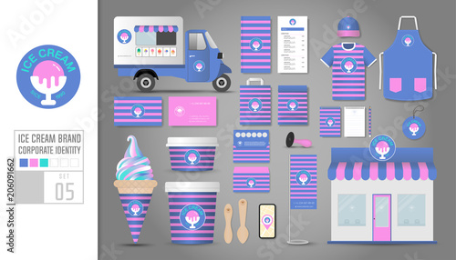 Corporate identity template Set 5. Logo concept for ice cream shop, cafe, restaurant. Realistic mock up template set of shop, car, t-shirt, cap, cup, menu, rubber stamp, coupon, package.