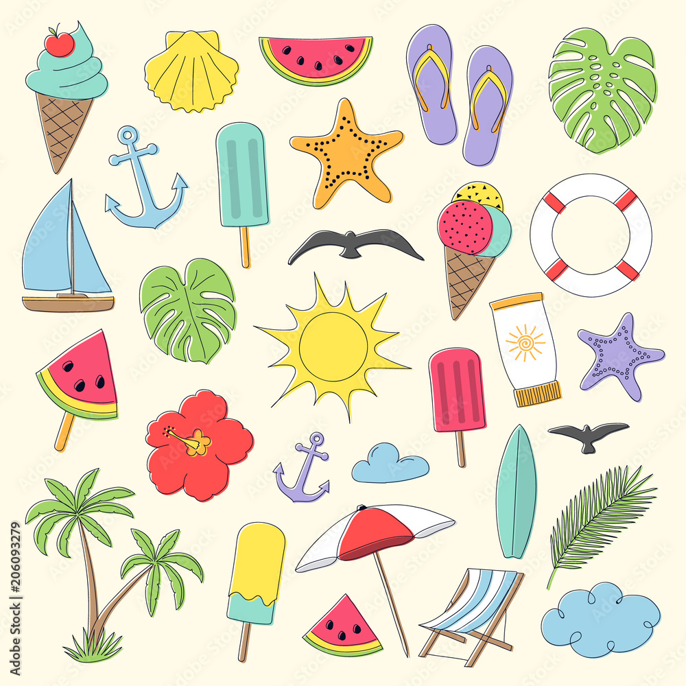 Set of summer icons in retro style. Vector. Set of summer icons in retro style. Vector.