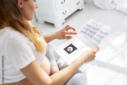 Pregnancy guide. Top view of concentrated pregnant woman carrying pregnancy journal and scrutinizing it