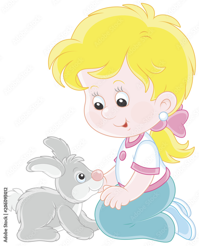 Little smiling girl playing with her small grey rabbit, vector illustration in a cartoon style Little smiling girl playing with her small grey rabbit, vector illustration in a cartoon style