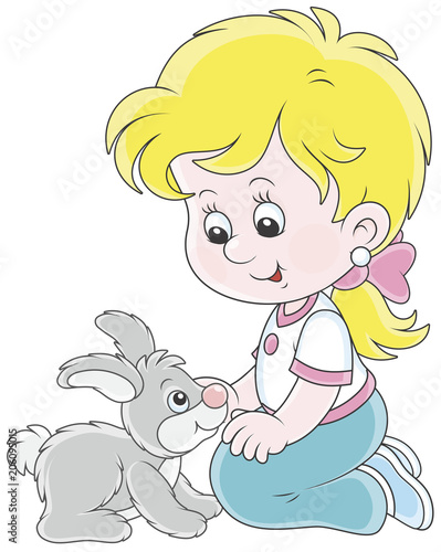 Little smiling girl playing with her small grey rabbit  vector illustration in a cartoon style