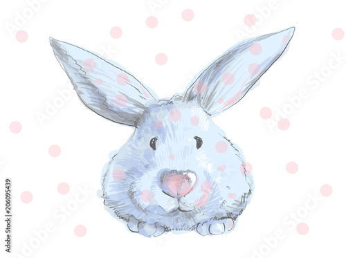 Cute blue bunny with pink nose and dots childish kid style hand drawn in vector illustration