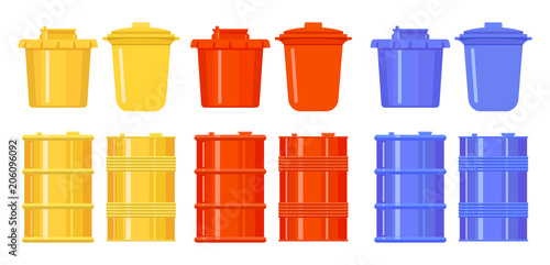 Barrels and buckets in the style of flat. Colorful icons. Yellow, red, blue. Metal and plastic containers for water, oil, garbage, radioactive waste