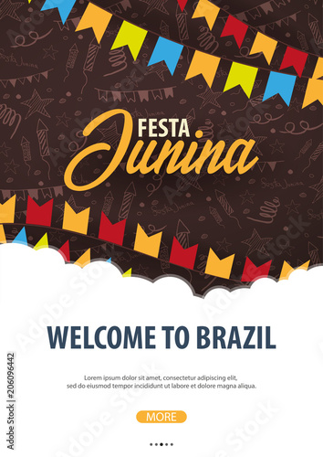 Festa Junina background with hand draw doodle elements and party flags. Brazil or Latin American holiday. Vector illustration