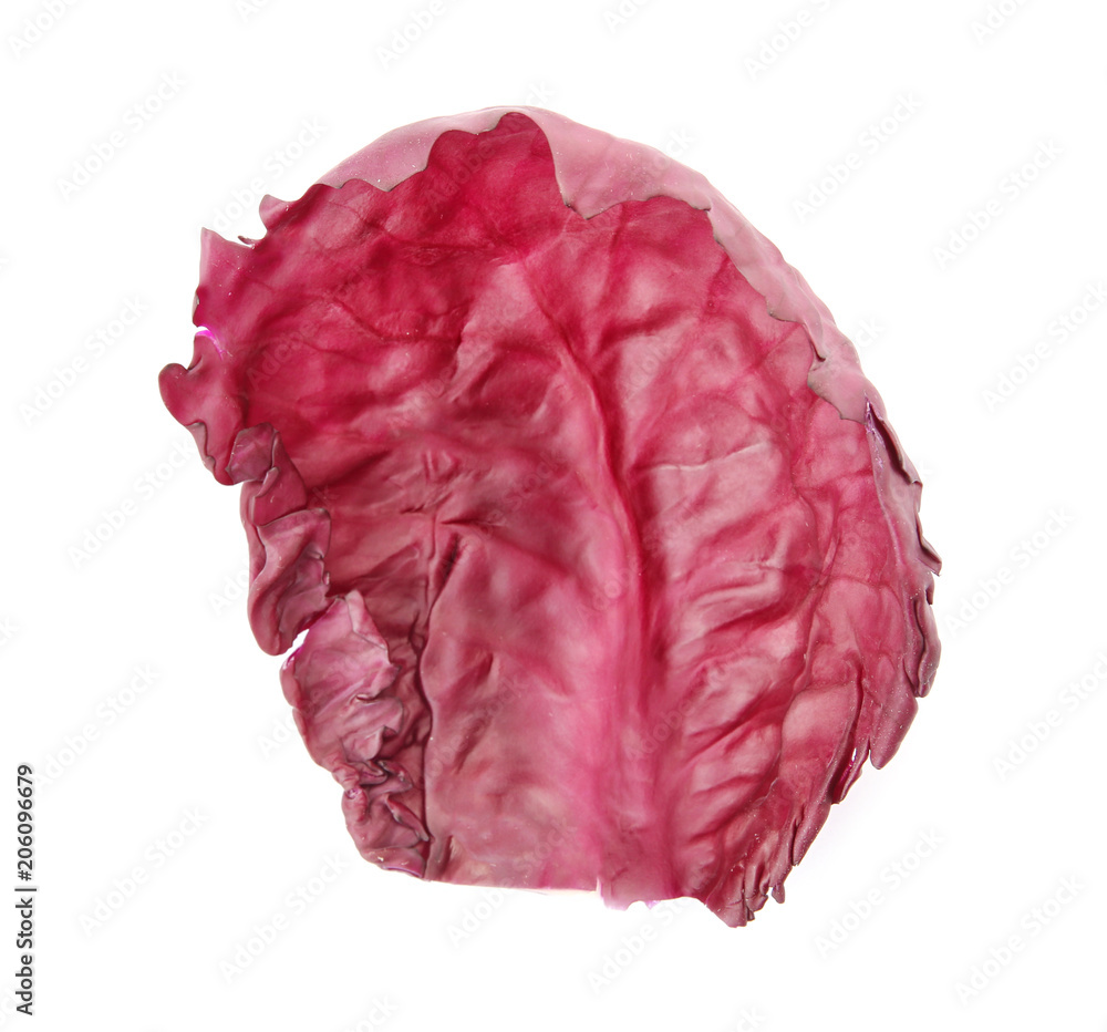 Leaf of ripe red cabbage on white background, top view Leaf of ripe red cabbage on white background, top view