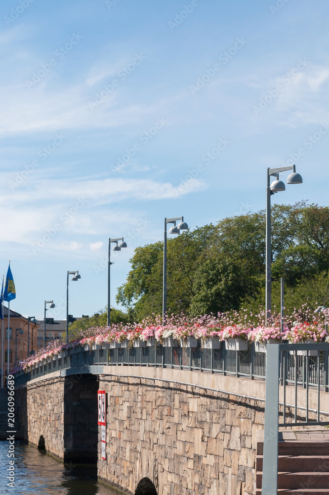Stone bridge with flowerbeds, Stockholm, Sweden