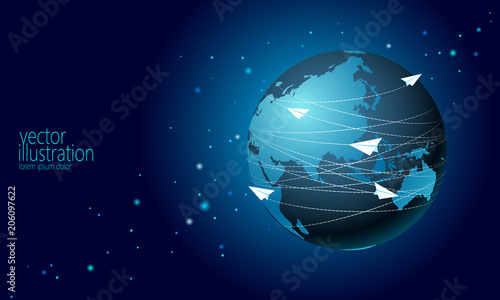 Planet Earth with paper plane messaging letters. Online internet network communication mail. International global connection. Asia continent China India Japan flat cartoon vector illustration