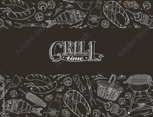 BBQ and grill banner with sketch objects on blackboard. Hand drawn barbecue elements in horizontal frame composition. Grill time.