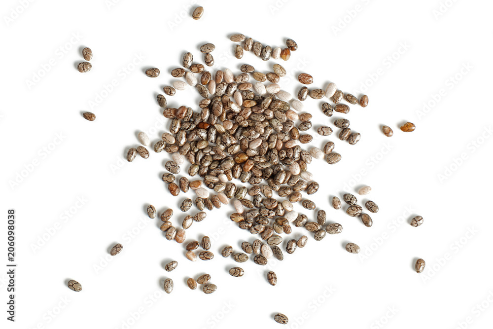 Detail macro closeup photo of spilled chia seeds (Salvia hispanica) isolated on white background shot from above. Detail macro closeup photo of spilled chia seeds (Salvia hispanica) isolated on white background shot from above.