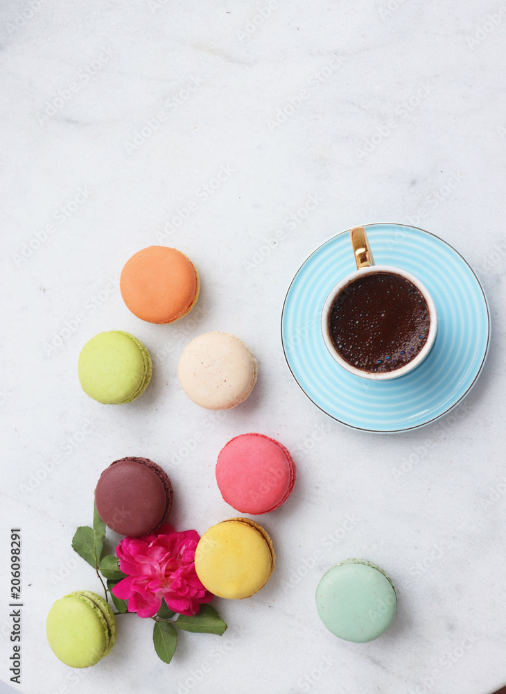 french macarons with blue cup french macarons with blue cup