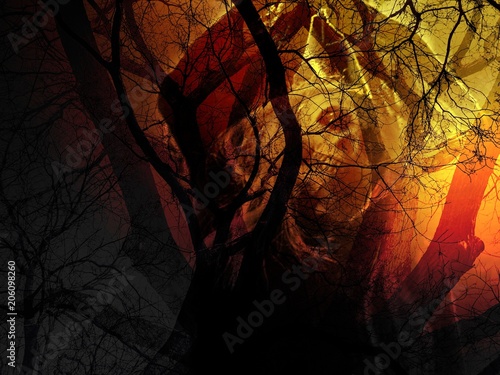Dead trees with skull ghost shadow in yellow and red light - Concepts of Halloween, Friday the 13th, mystery. Dark area on the bottom-left corner is for adding text (copy space).