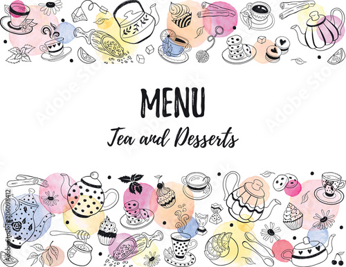 Horizontal border from tea time doodle elements. Hand drawn tea vector frame. Teapots, cups, cupcakes and sweets with watercolor circles on white background. Menu design template.