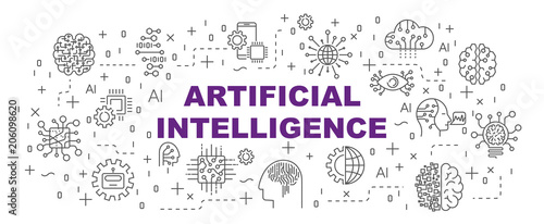 AI modern illustration. Vector Artificial Intelligence banner on white background. Editable Stroke