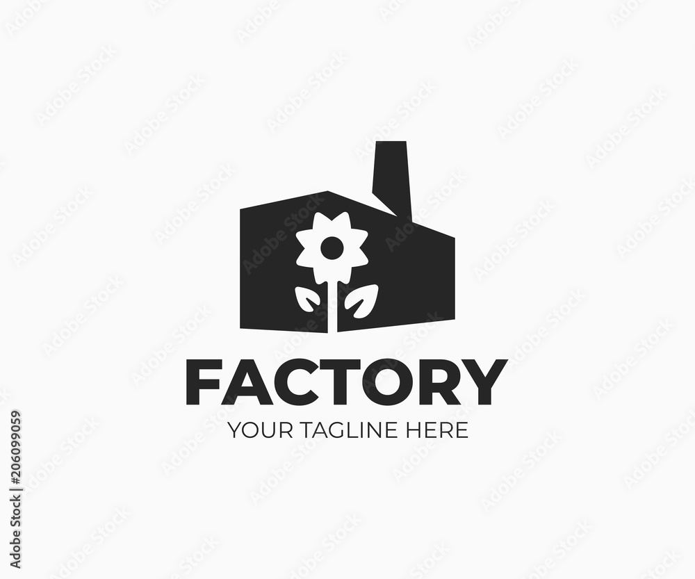 Obraz premium Flower factory logo template. Flower farm vector design. Factory building silhouette and flower plant logotype
