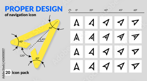 Navigation icon set proper design for map and route navigation in mobile app and web. Various types of arrow sign line and fill. Icon pack of vector map explorer isolated and rotated for navigators