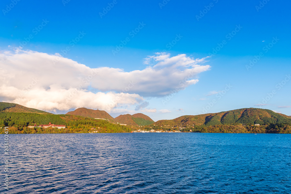 View of the landscape at lake Ashi in Hakone, Japan. Copy space for text.