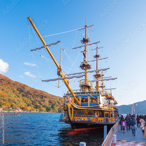 Hakone pirate ship on the Ashi lake, Hakone, Japan. Copy space for text.