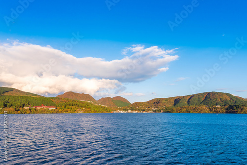 View of the landscape at lake Ashi in Hakone, Japan. Copy space for text.