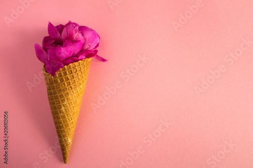 Ice cream cone with flowers on the pink  background.Top view.