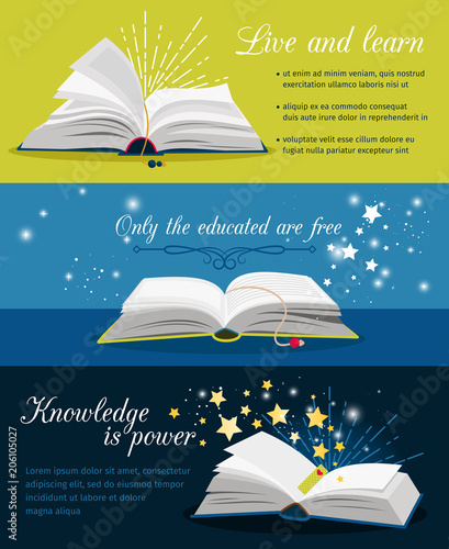 Books reading banners. Open book with stars and magic glow and text vector