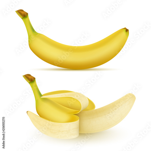 Vector 3d realistic tropical banana set. Yellow exotic sweet peeled fruit for ad banner, poster, packaging. Mock up, template of vegetarian nutrition