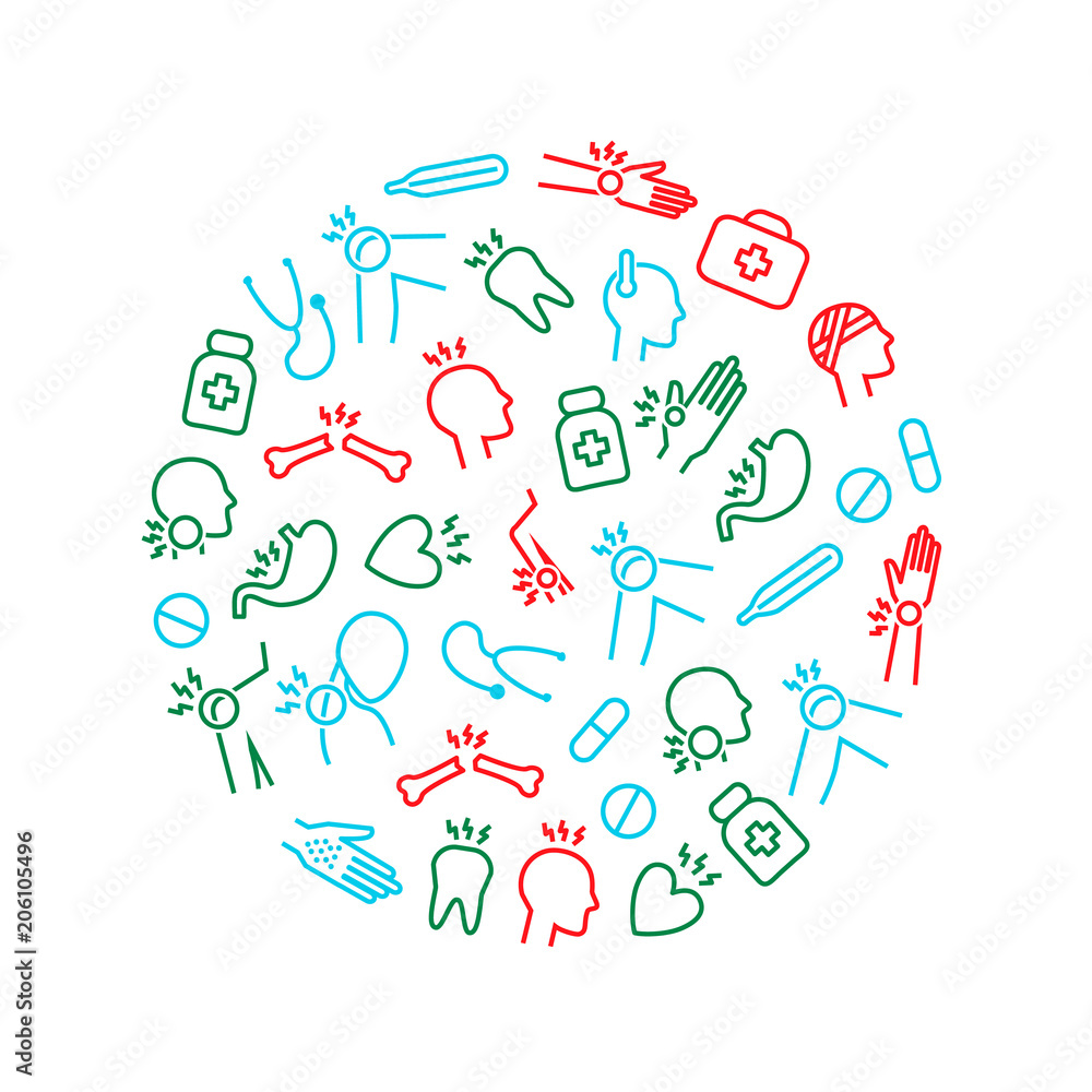 Body Pain and Injury Round Design Template. Vector Body Pain and Injury Round Design Template. Vector