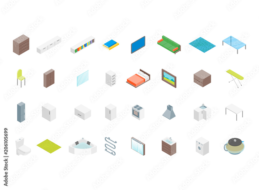 Apartment Family Rooms Icon Set Isometric View. Vector
