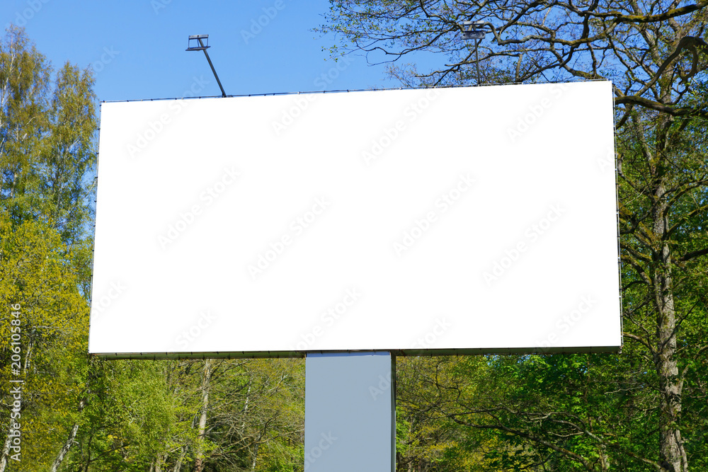 horizontal blank billboard on the background of green trees, mock up horizontal blank billboard on the background of green trees, mock up