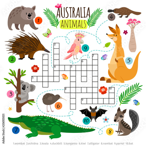 Fototapeta Naklejka Na Ścianę i Meble -  Australian animals crossword. Kids words brainteaser, word search puzzle vector game