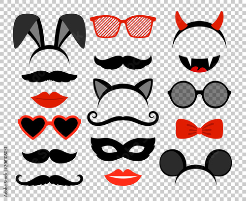 Funny masks. Masquerade mask set, glasses and mustache, rabbit and mouse ears, teeth, lips and horns