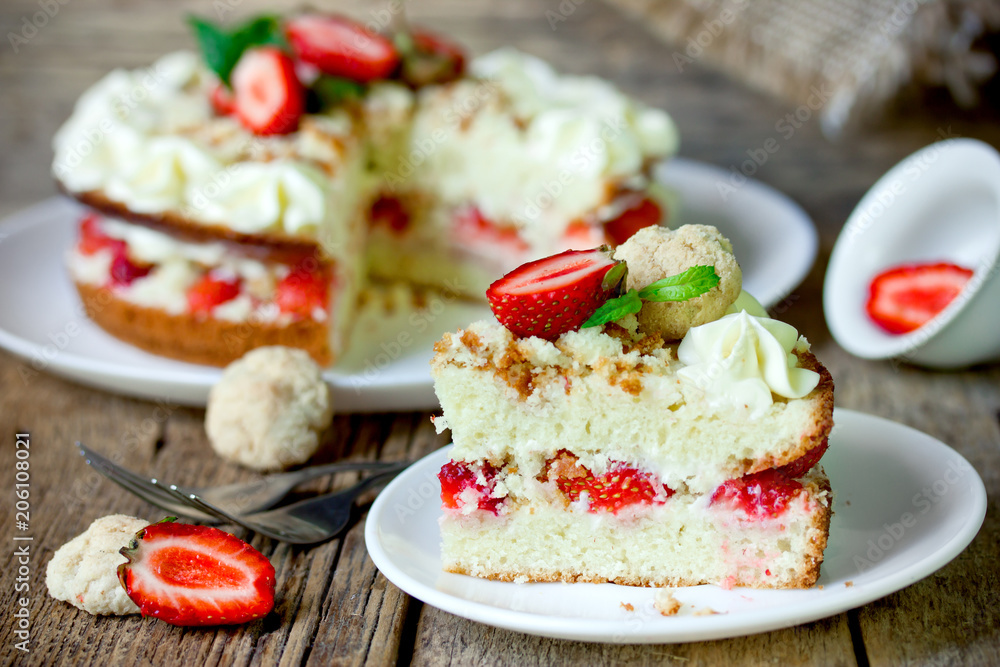 Fresh strawberry whipped cream biscuit layered cake